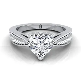 Platinum Heart Shape Center Vintage Inspired Leaf Pattern Pinched Solitaire Engagement Ring