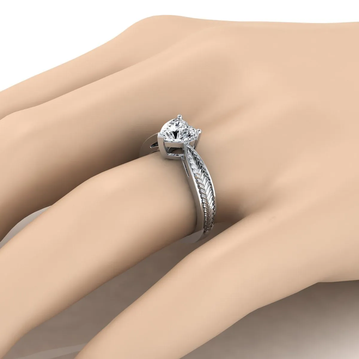 Platinum Heart Shape Center Vintage Inspired Leaf Pattern Pinched Solitaire Engagement Ring