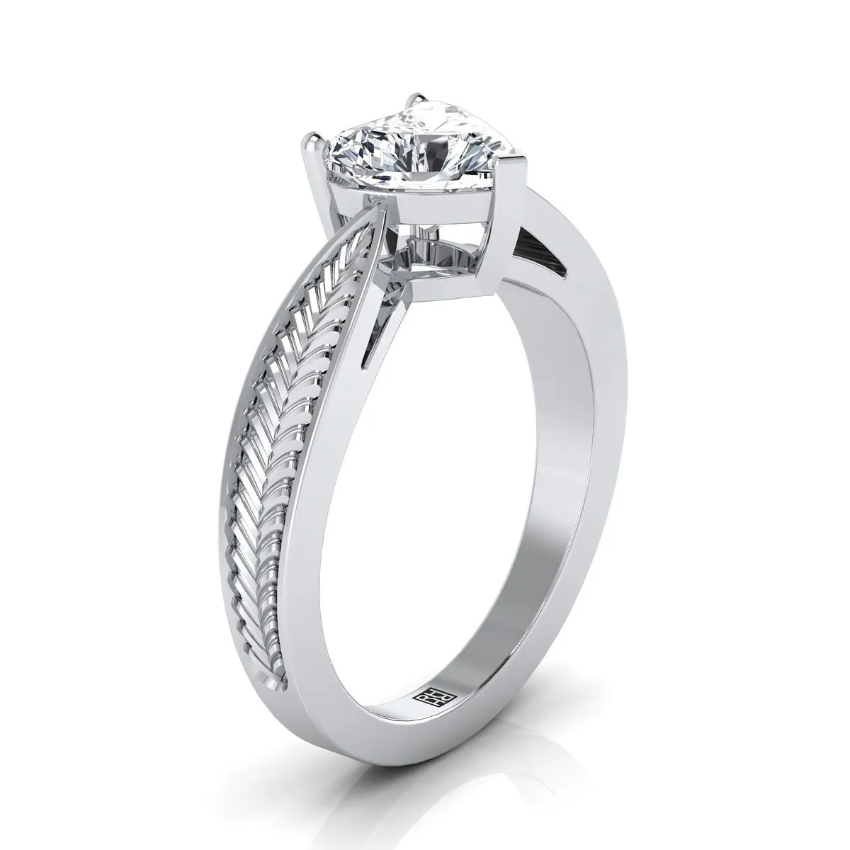 Platinum Heart Shape Center Vintage Inspired Leaf Pattern Pinched Solitaire Engagement Ring