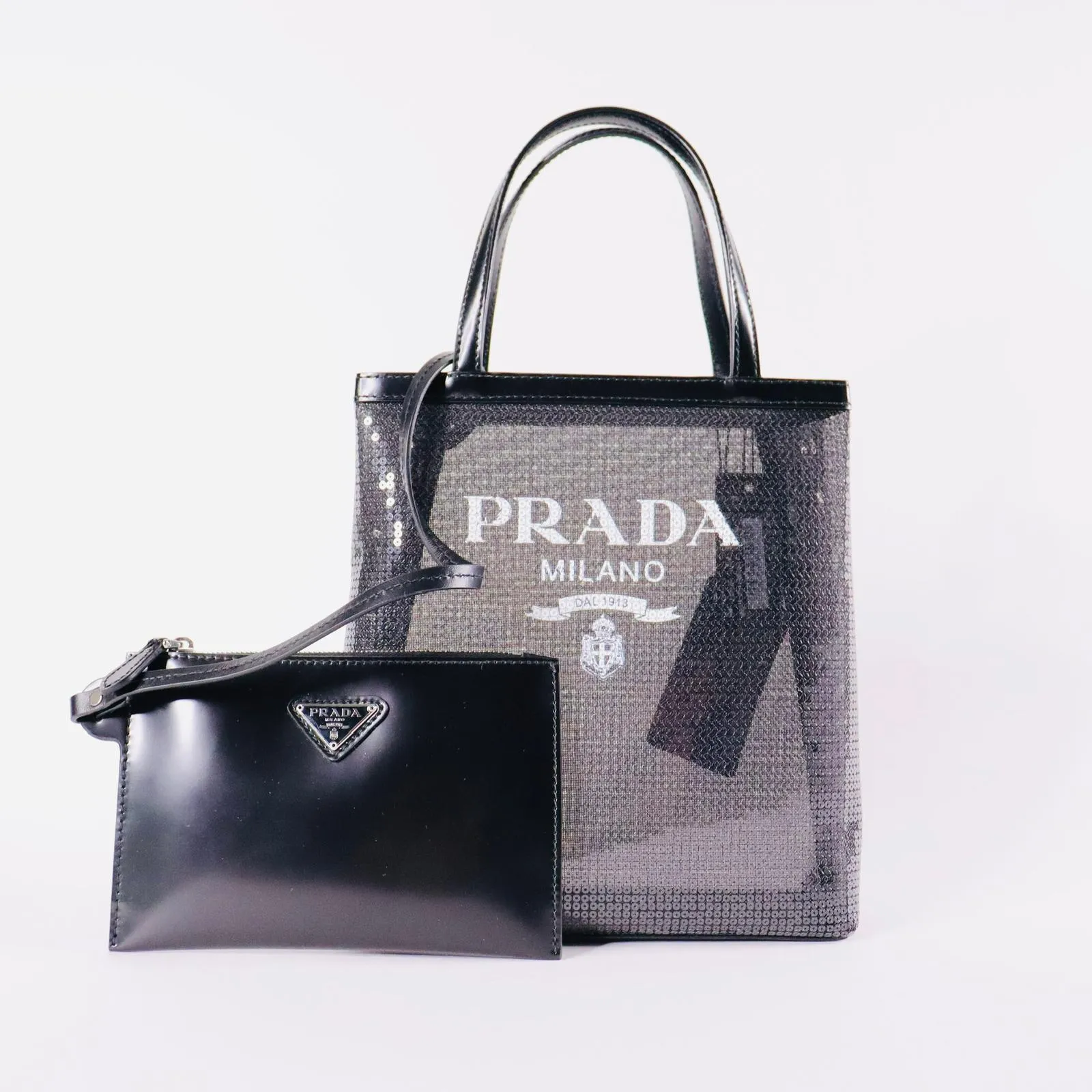 PRADA Sequin Mesh Small Tote Bag with Pouch