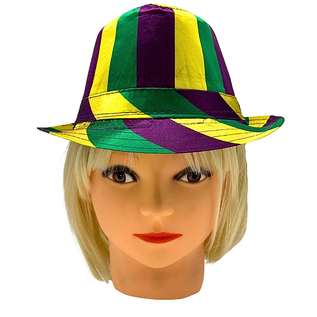 Purple, Green and Gold Striped Fedora Hat (Each)