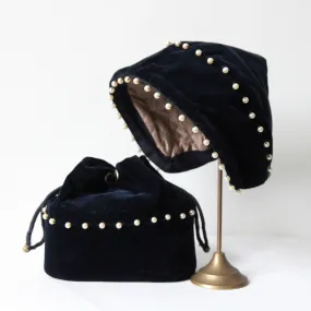 "Navy Velvet & Pearls" Vintage 1940's Navy Blue Velvet & Pearl Pixie Hat & Matching Bag