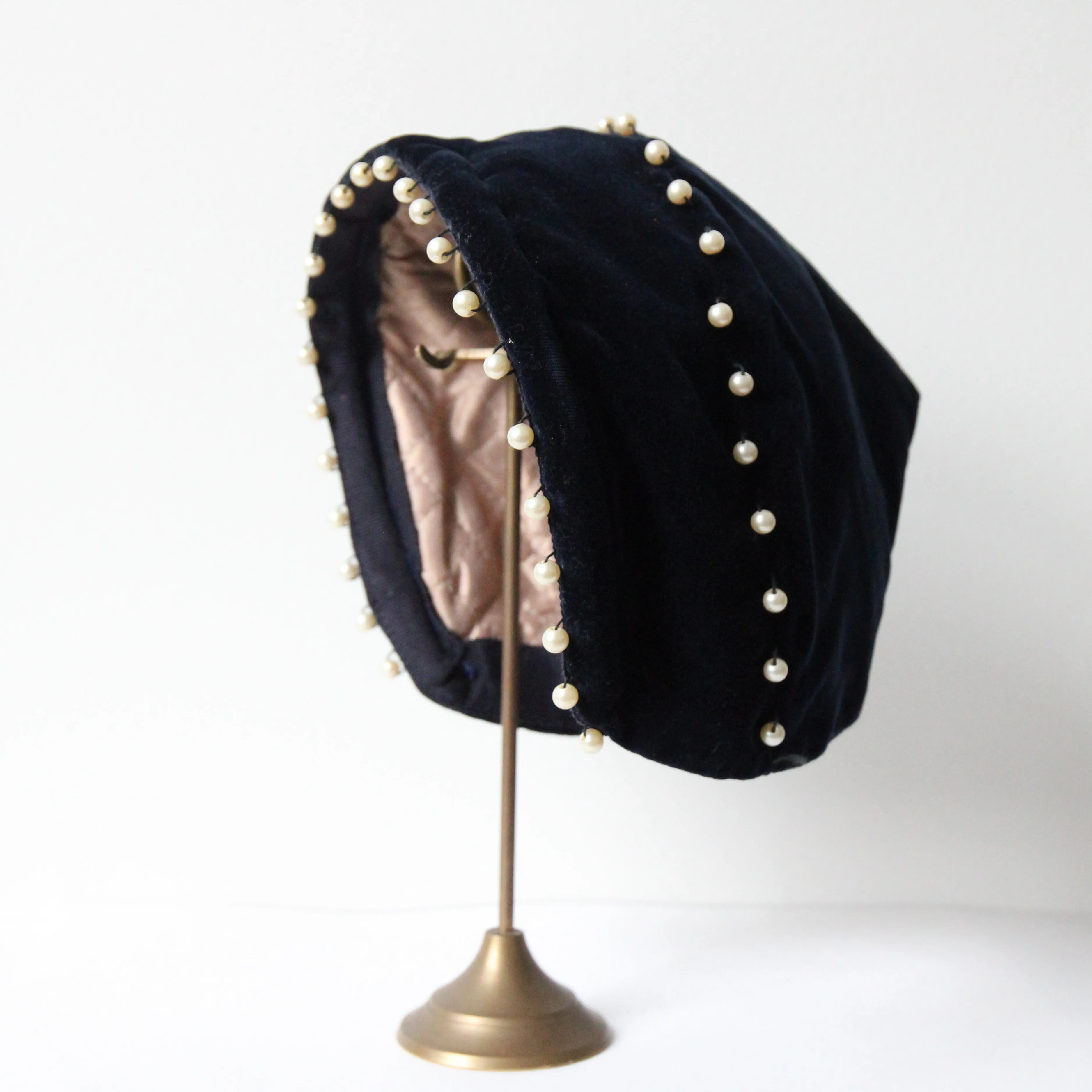 "Navy Velvet & Pearls" Vintage 1940's Navy Blue Velvet & Pearl Pixie Hat & Matching Bag