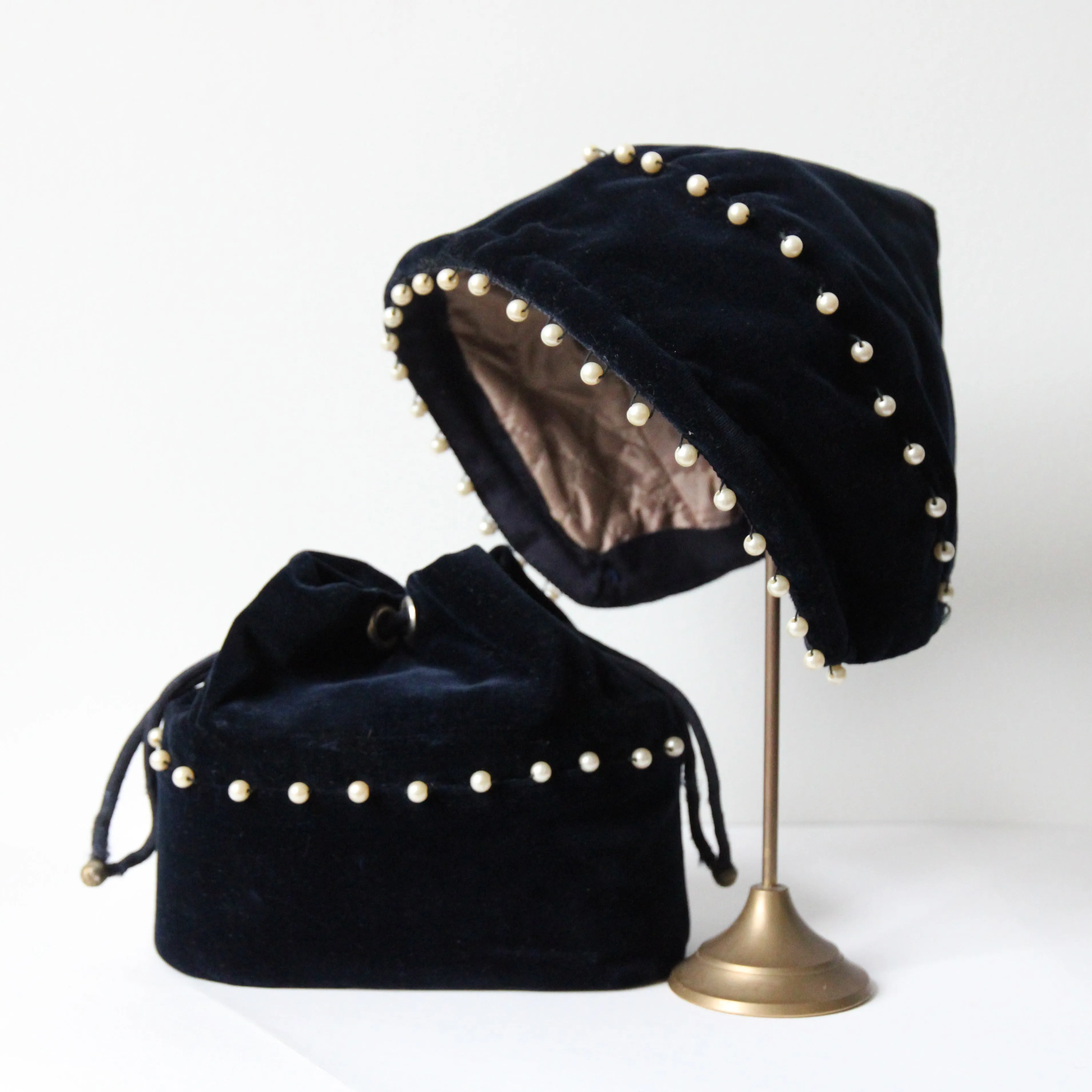 "Navy Velvet & Pearls" Vintage 1940's Navy Blue Velvet & Pearl Pixie Hat & Matching Bag