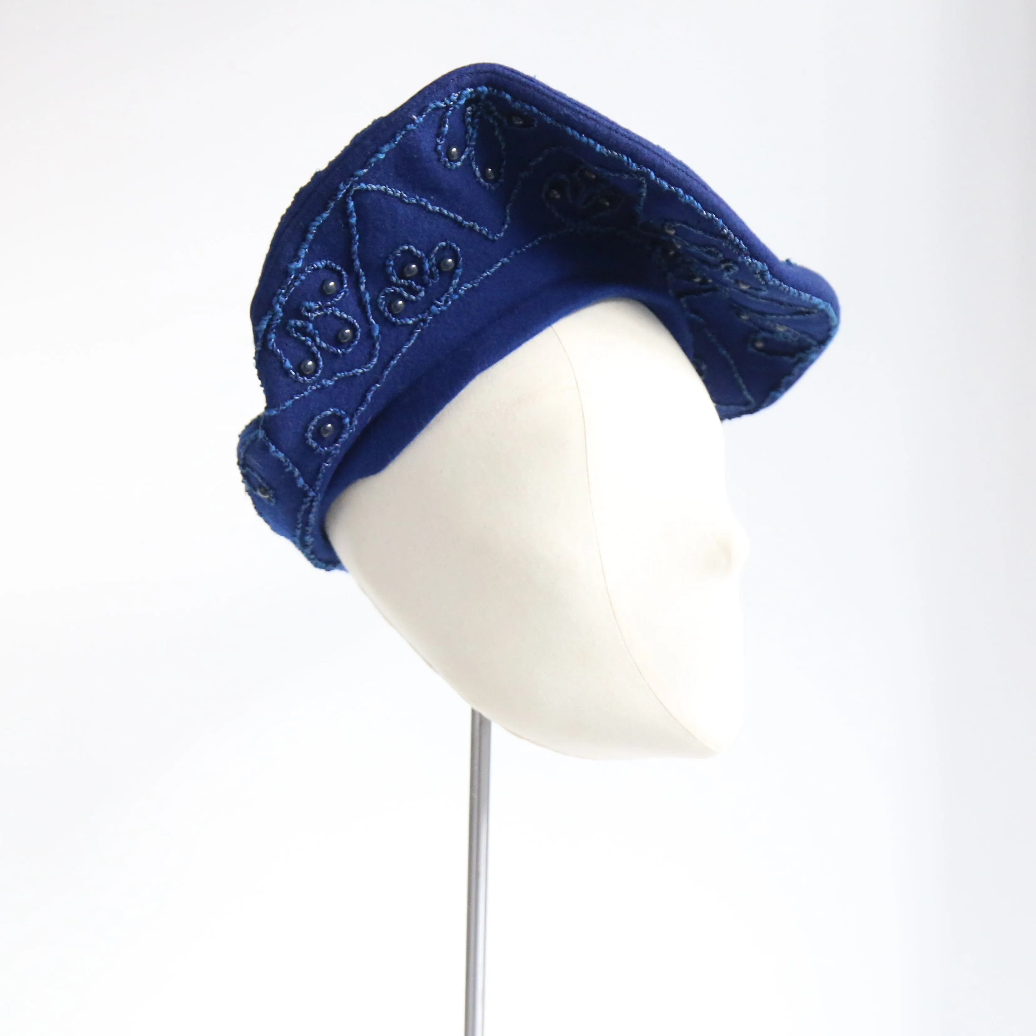 "Soutache & Studs" Vintage 1940's Soutache & Stud Embellished Wool Tam Hat