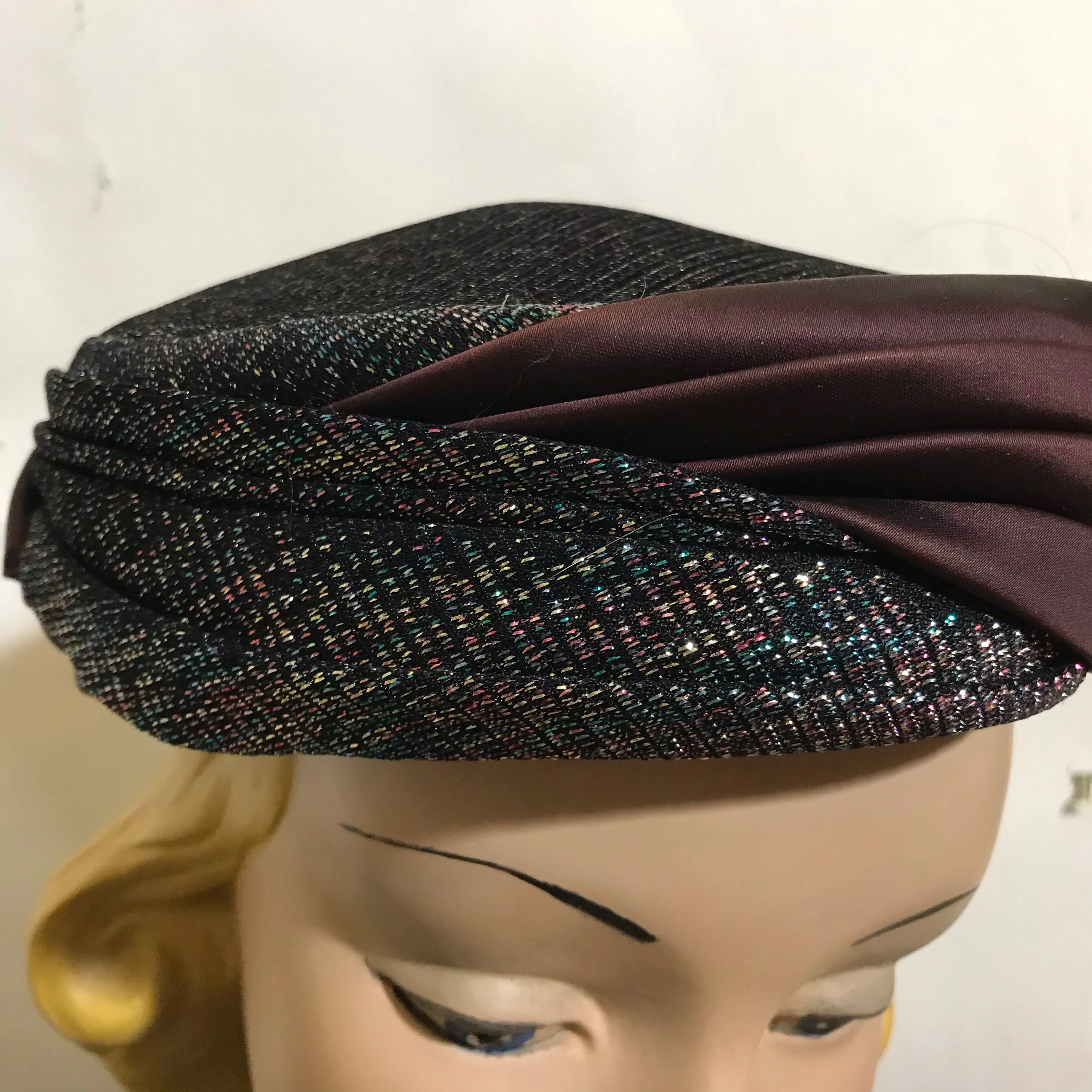 Rainbow Lurex and Bronze Satin Pill Box Hat circa 1960s