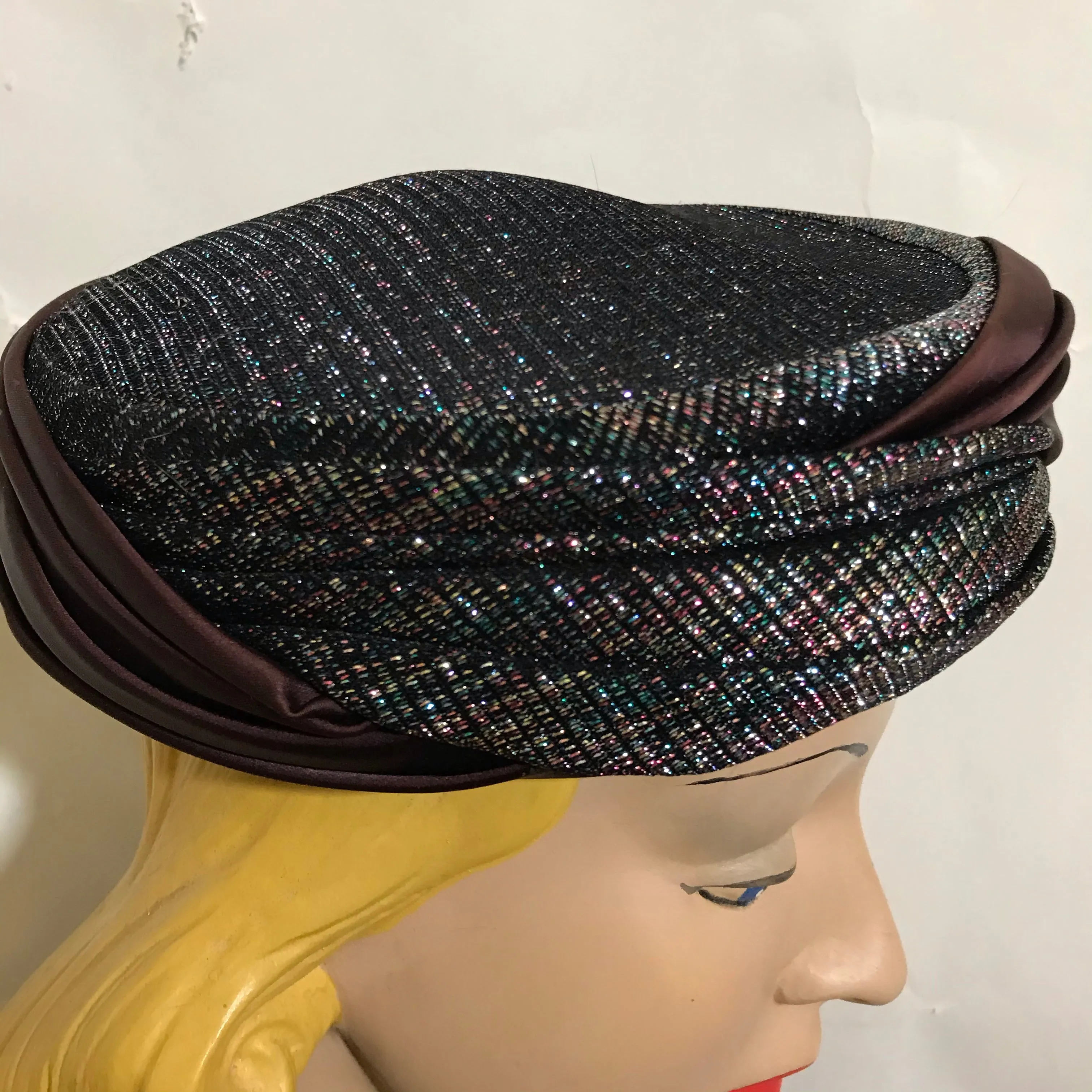 Rainbow Lurex and Bronze Satin Pill Box Hat circa 1960s