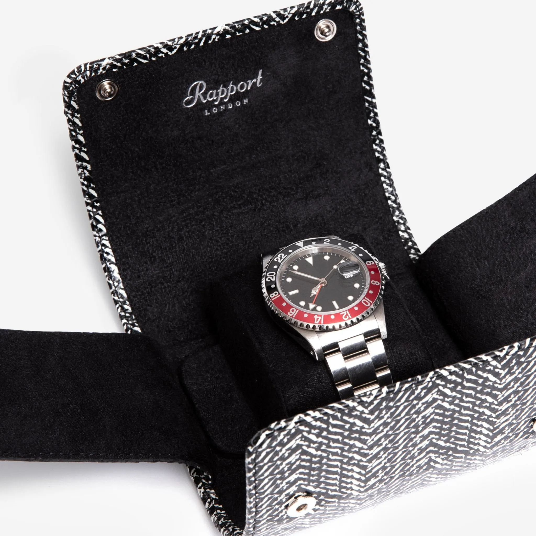 Rapport London Marlow Black Herringbone Leather Single Watch Roll D144