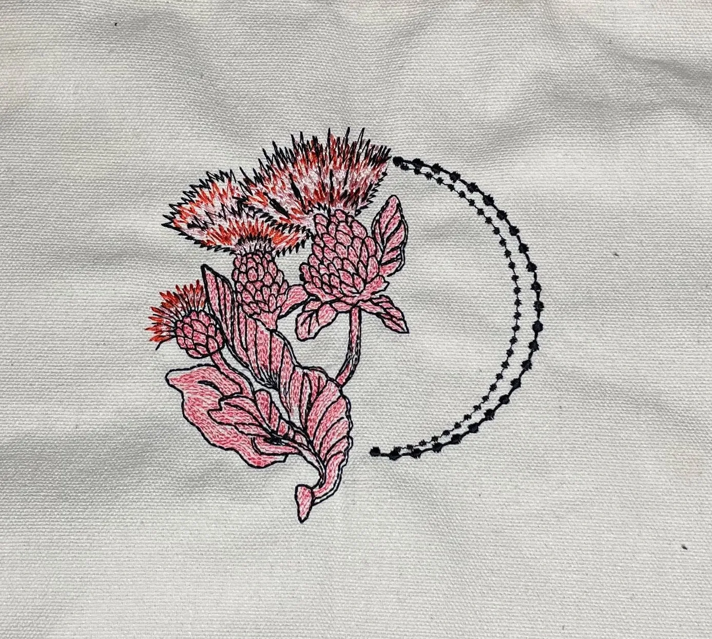Reusable Shopping Bag, Canvas Tote Bag, Zippered Canvas Tote Bag, Use for Groceries, Farmers Market, School, Work, Thistle Embroidery Design
