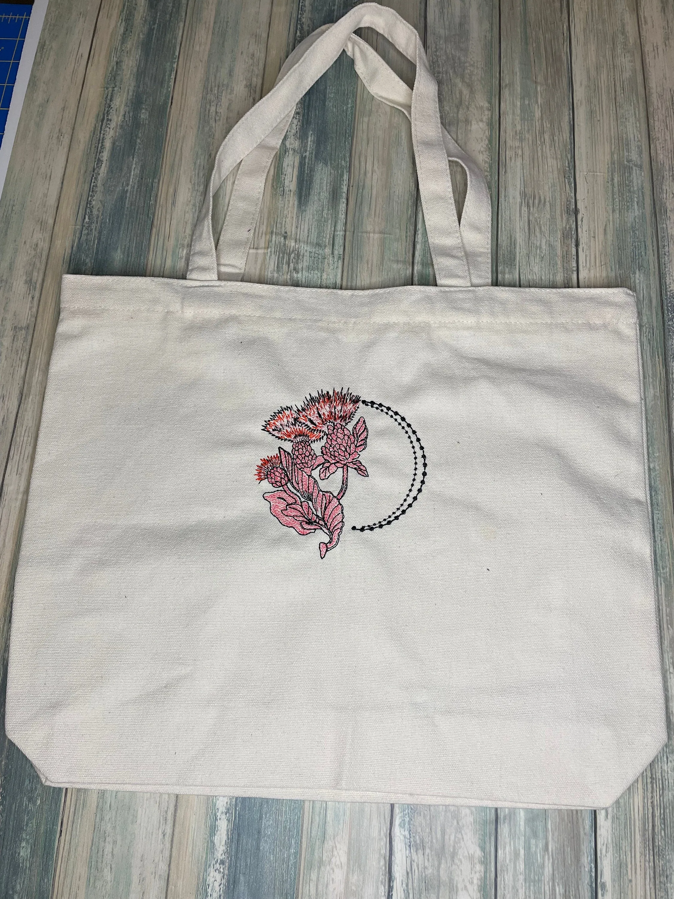 Reusable Shopping Bag, Canvas Tote Bag, Zippered Canvas Tote Bag, Use for Groceries, Farmers Market, School, Work, Thistle Embroidery Design