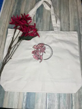 Reusable Shopping Bag, Canvas Tote Bag, Zippered Canvas Tote Bag, Use for Groceries, Farmers Market, School, Work, Thistle Embroidery Design