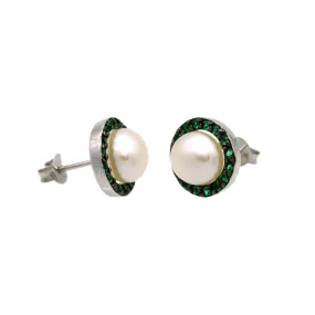Rhodium Plated 925 Sterling Silver Halo Synthetic Mother of Pearl Stud Earring with Green CZ - BGE00652GRN
