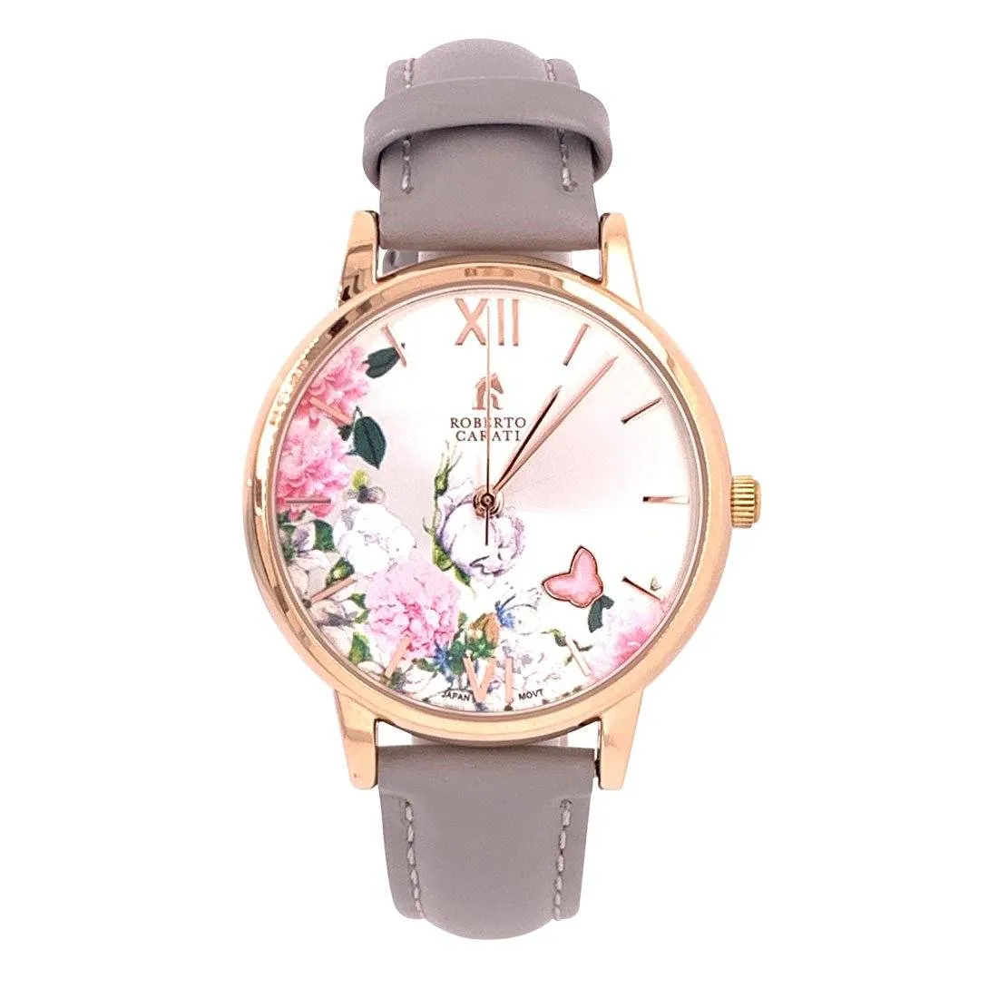 Roberto Carati Pippa Ponies & Butterfly Rose Gold Grey Leather Watch M8074 BE-V2