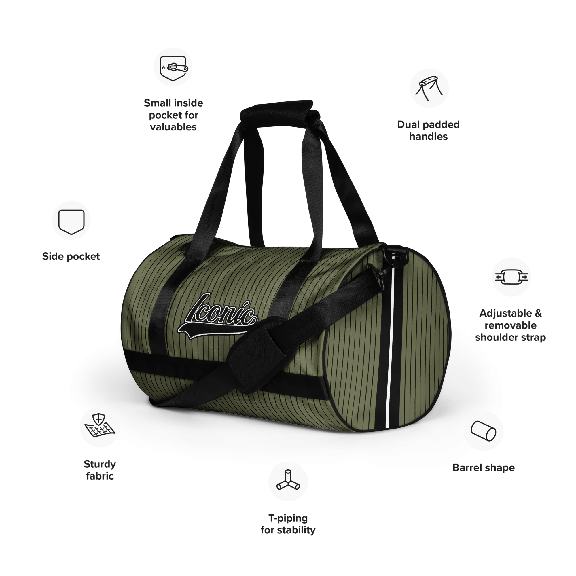 ROYAL Team Iconic. Athletix Mini Duffle Gym Bag Pinstripe Martini Olive and Blk
