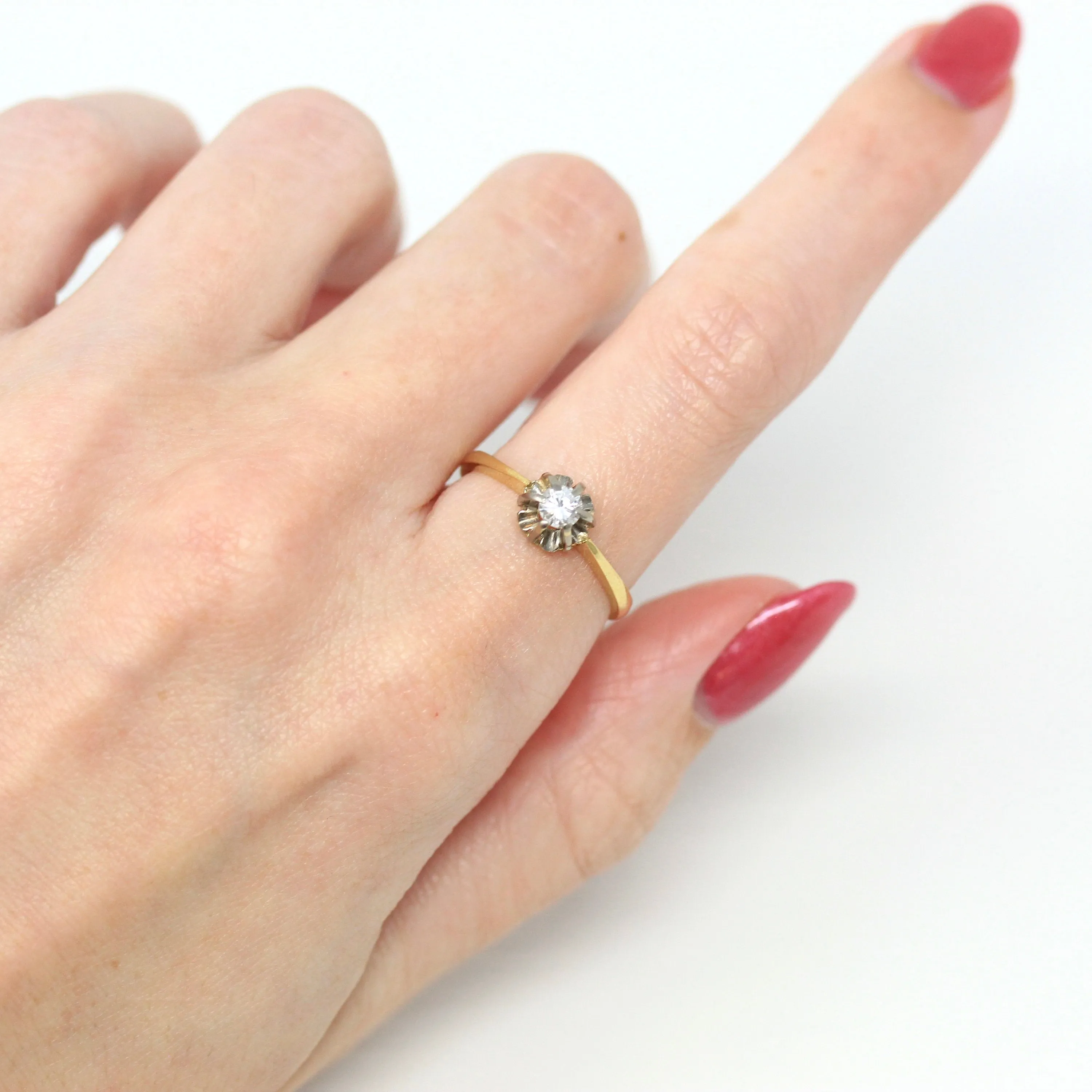 Sale - Genuine Diamond Ring - Retro 18k Yellow & White Gold 1/5 CT Gem Solitaire - Vintage Circa 1960s Size 7 Belcher Style Two Tone Jewelry