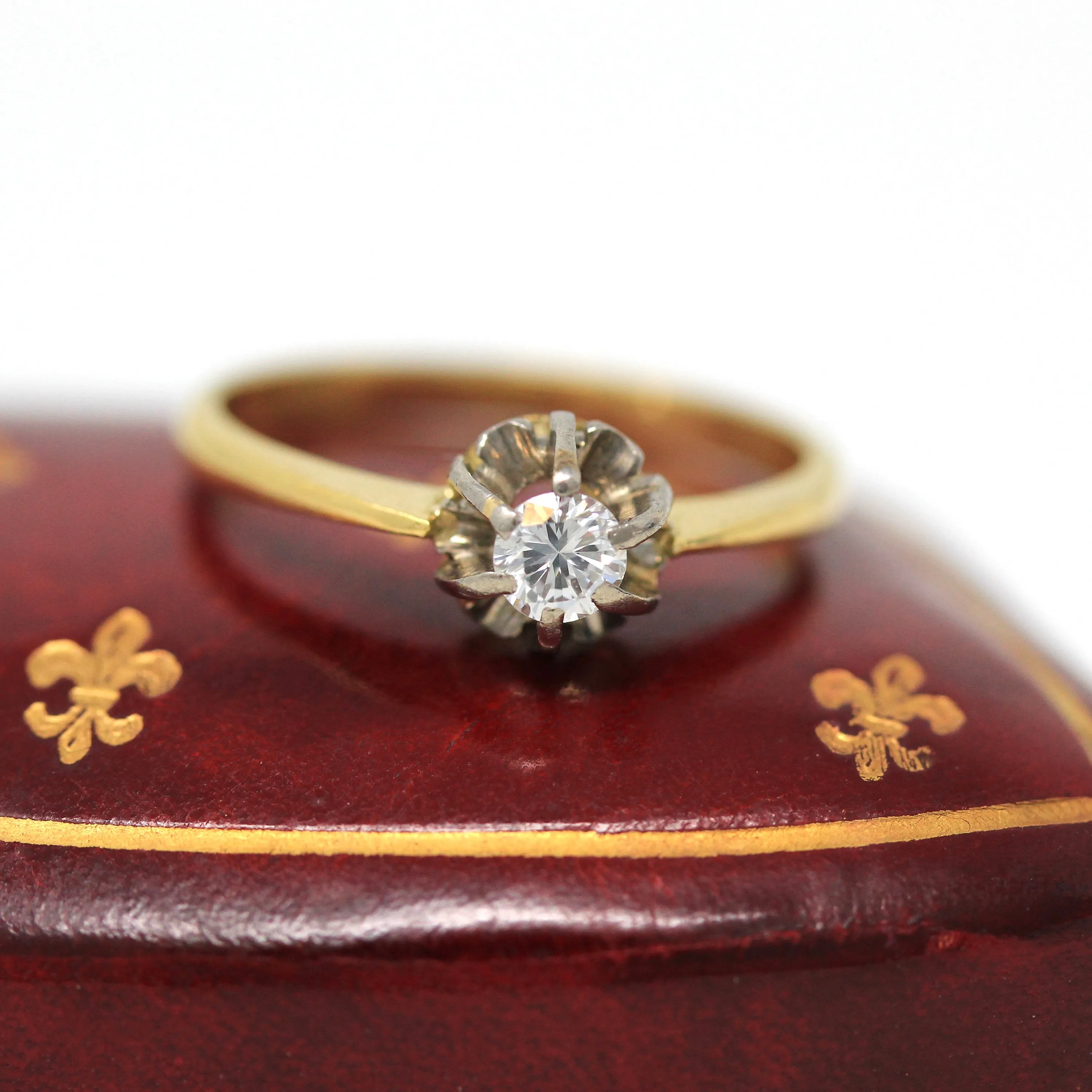 Sale - Genuine Diamond Ring - Retro 18k Yellow & White Gold 1/5 CT Gem Solitaire - Vintage Circa 1960s Size 7 Belcher Style Two Tone Jewelry