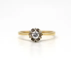 Sale - Genuine Diamond Ring - Retro 18k Yellow & White Gold 1/5 CT Gem Solitaire - Vintage Circa 1960s Size 7 Belcher Style Two Tone Jewelry