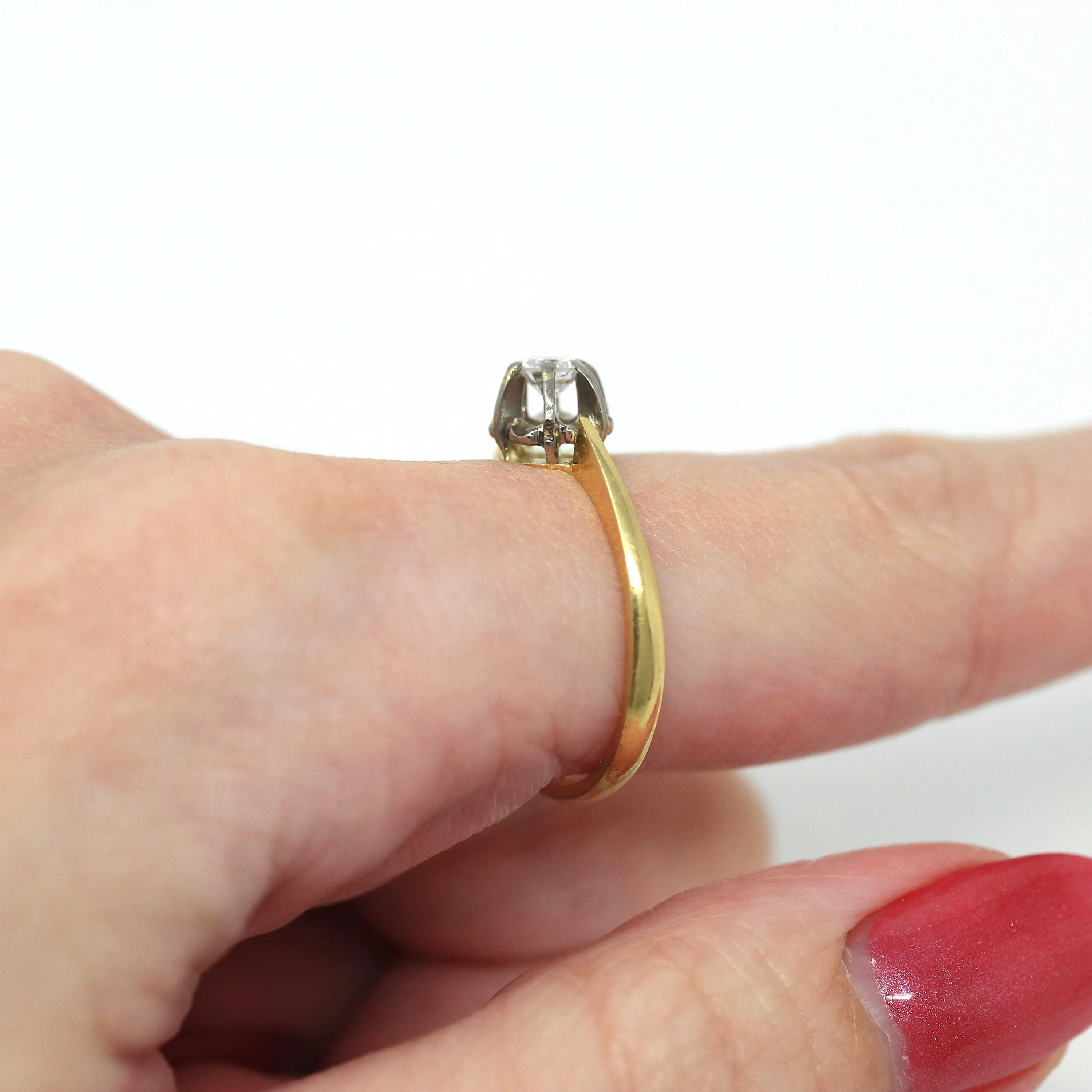 Sale - Genuine Diamond Ring - Retro 18k Yellow & White Gold 1/5 CT Gem Solitaire - Vintage Circa 1960s Size 7 Belcher Style Two Tone Jewelry