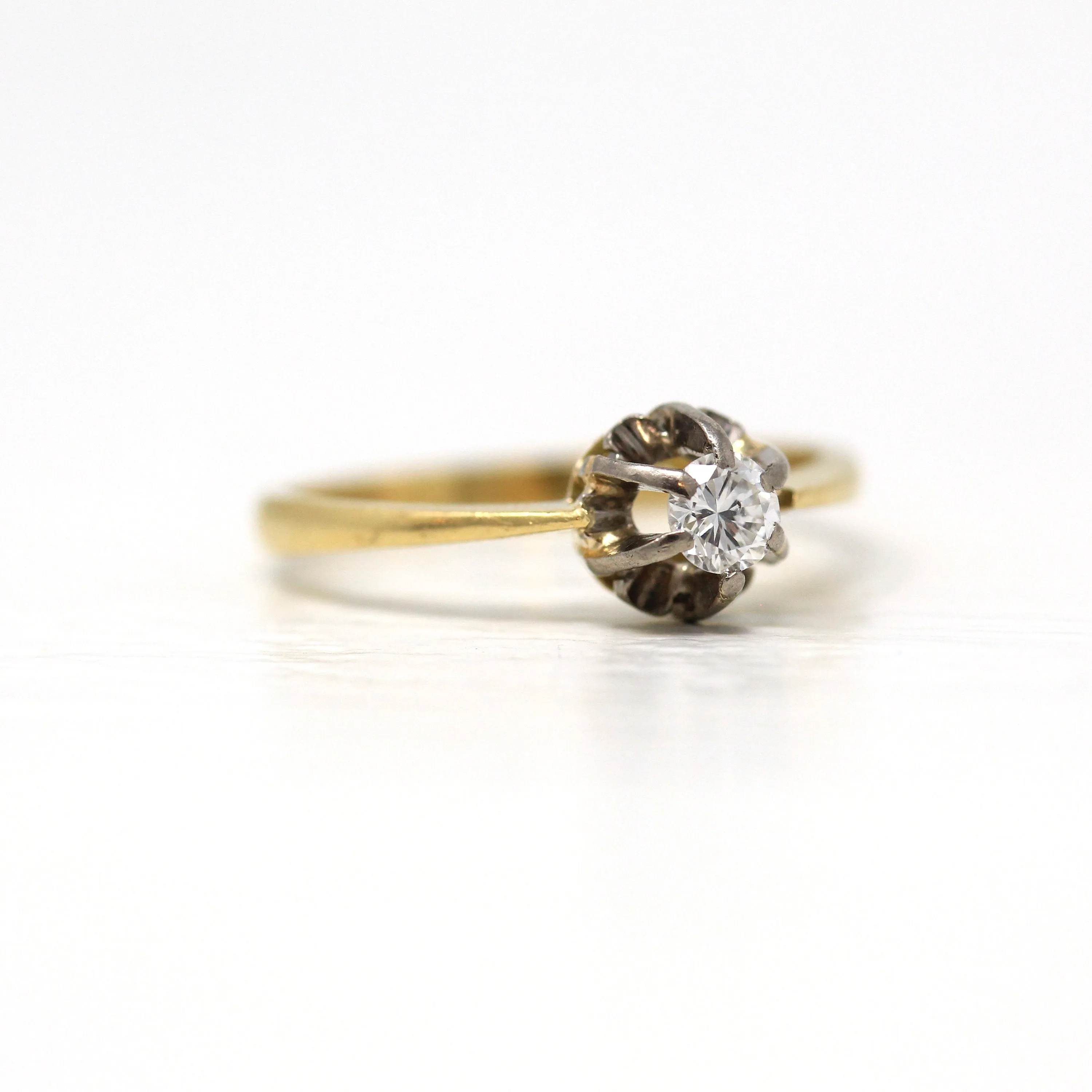 Sale - Genuine Diamond Ring - Retro 18k Yellow & White Gold 1/5 CT Gem Solitaire - Vintage Circa 1960s Size 7 Belcher Style Two Tone Jewelry