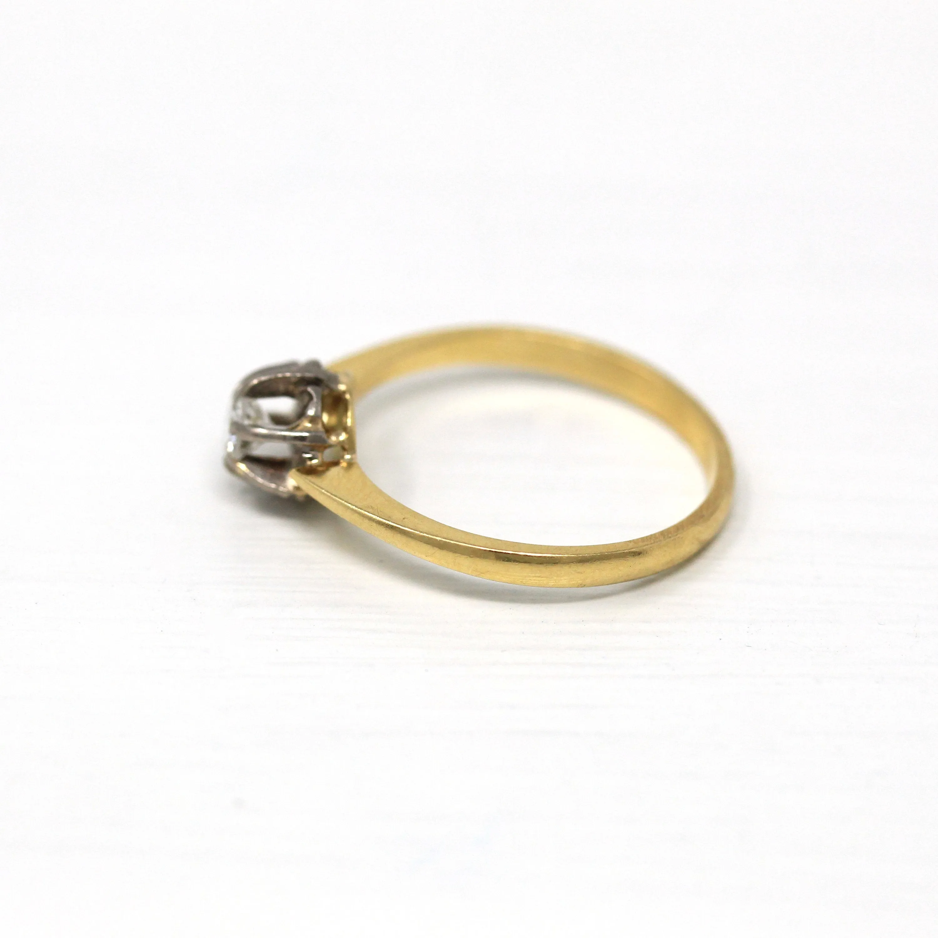 Sale - Genuine Diamond Ring - Retro 18k Yellow & White Gold 1/5 CT Gem Solitaire - Vintage Circa 1960s Size 7 Belcher Style Two Tone Jewelry