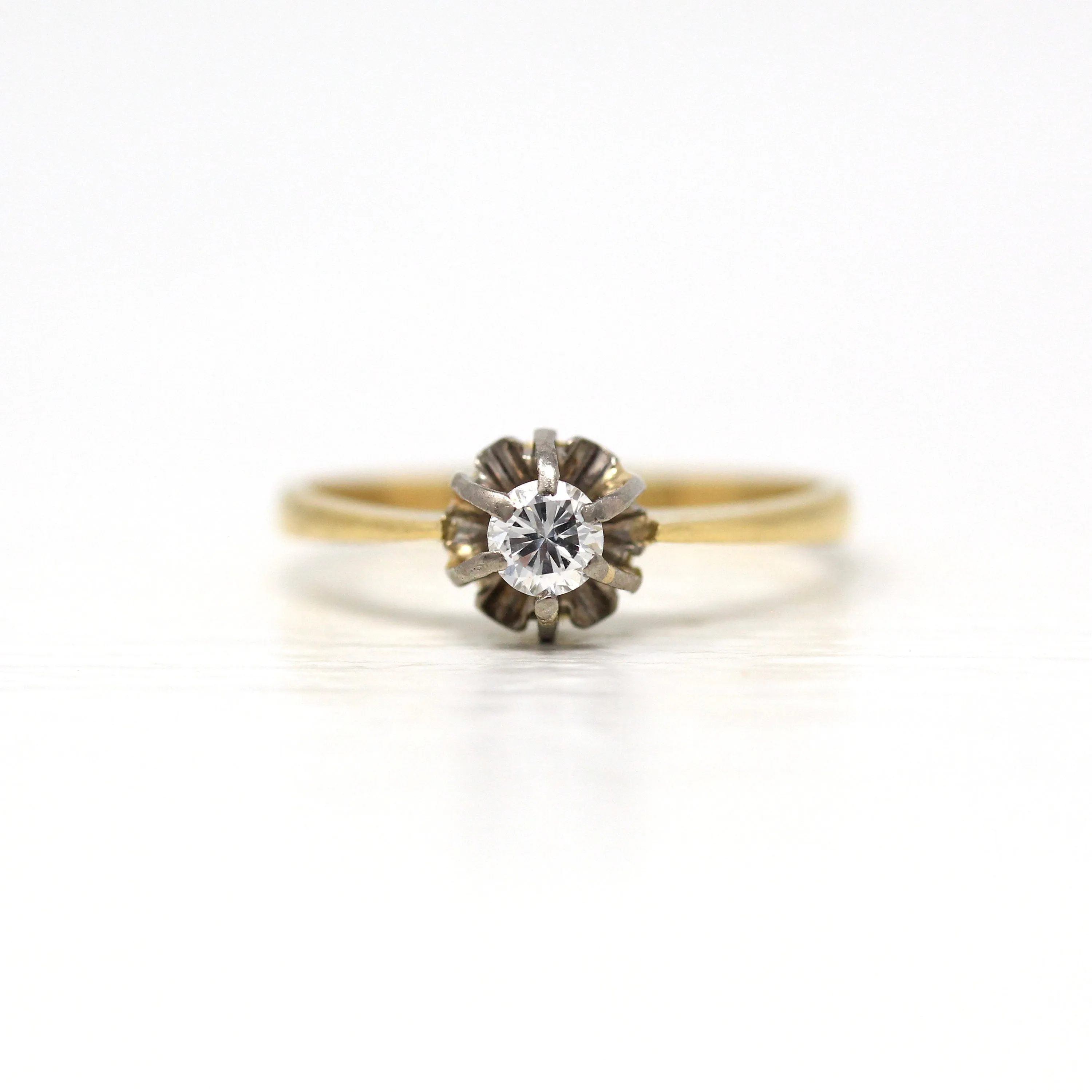 Sale - Genuine Diamond Ring - Retro 18k Yellow & White Gold 1/5 CT Gem Solitaire - Vintage Circa 1960s Size 7 Belcher Style Two Tone Jewelry