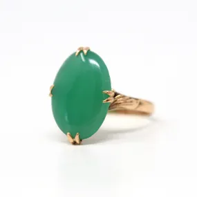 Sale - Simulated Jade Ring - Retro 18k Yellow Gold Oval Green Glass Cabochon Stone - Vintage Circa 1960s Era Size 7.5 Statement Jewelry
