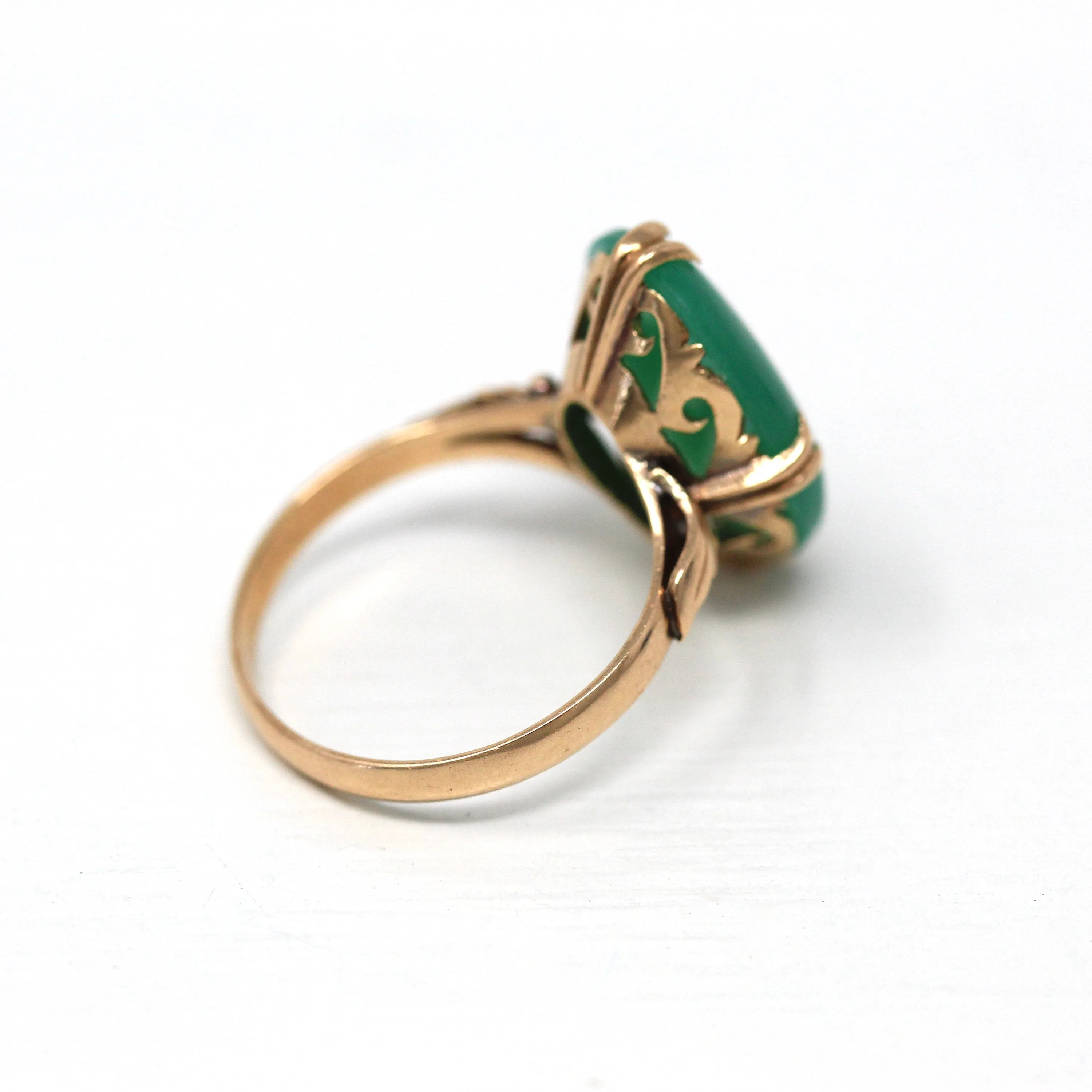 Sale - Simulated Jade Ring - Retro 18k Yellow Gold Oval Green Glass Cabochon Stone - Vintage Circa 1960s Era Size 7.5 Statement Jewelry