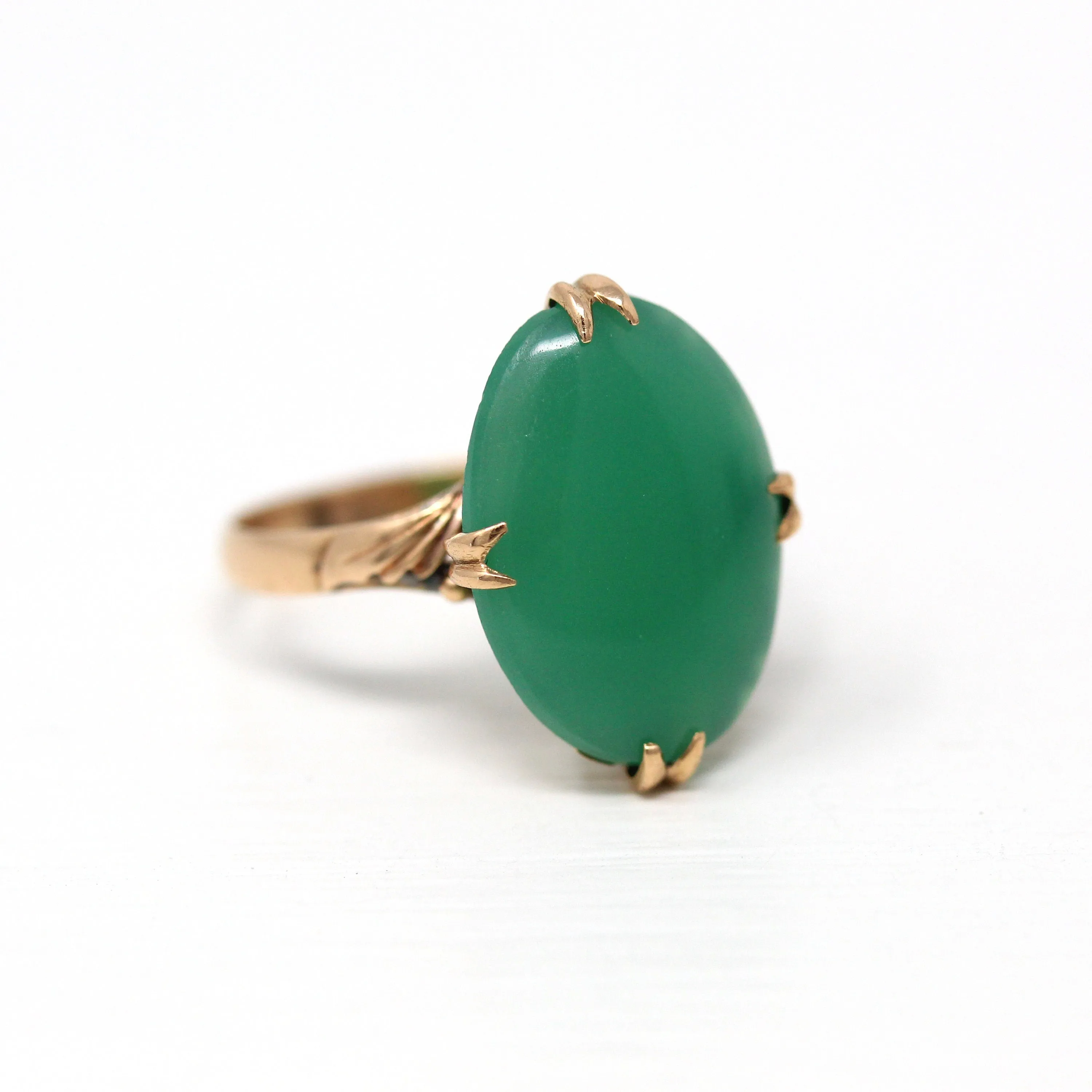 Sale - Simulated Jade Ring - Retro 18k Yellow Gold Oval Green Glass Cabochon Stone - Vintage Circa 1960s Era Size 7.5 Statement Jewelry