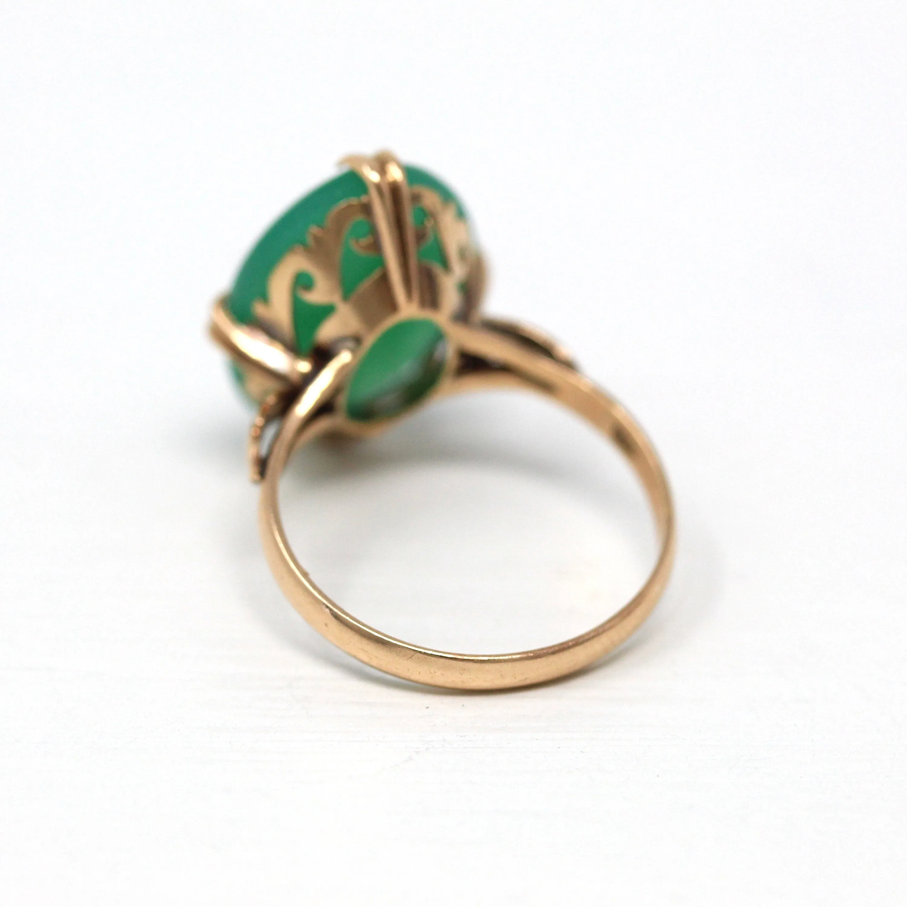 Sale - Simulated Jade Ring - Retro 18k Yellow Gold Oval Green Glass Cabochon Stone - Vintage Circa 1960s Era Size 7.5 Statement Jewelry