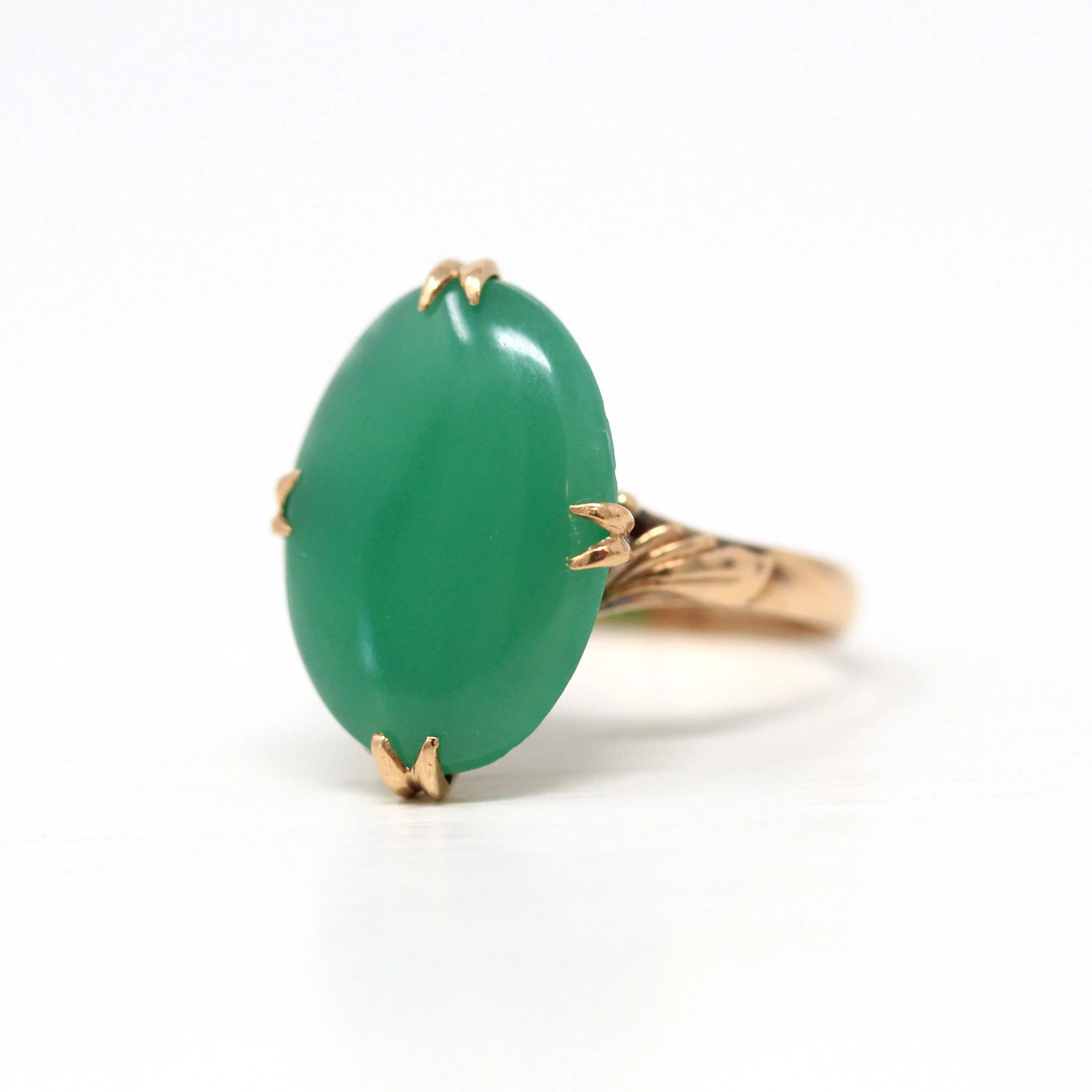 Sale - Simulated Jade Ring - Retro 18k Yellow Gold Oval Green Glass Cabochon Stone - Vintage Circa 1960s Era Size 7.5 Statement Jewelry