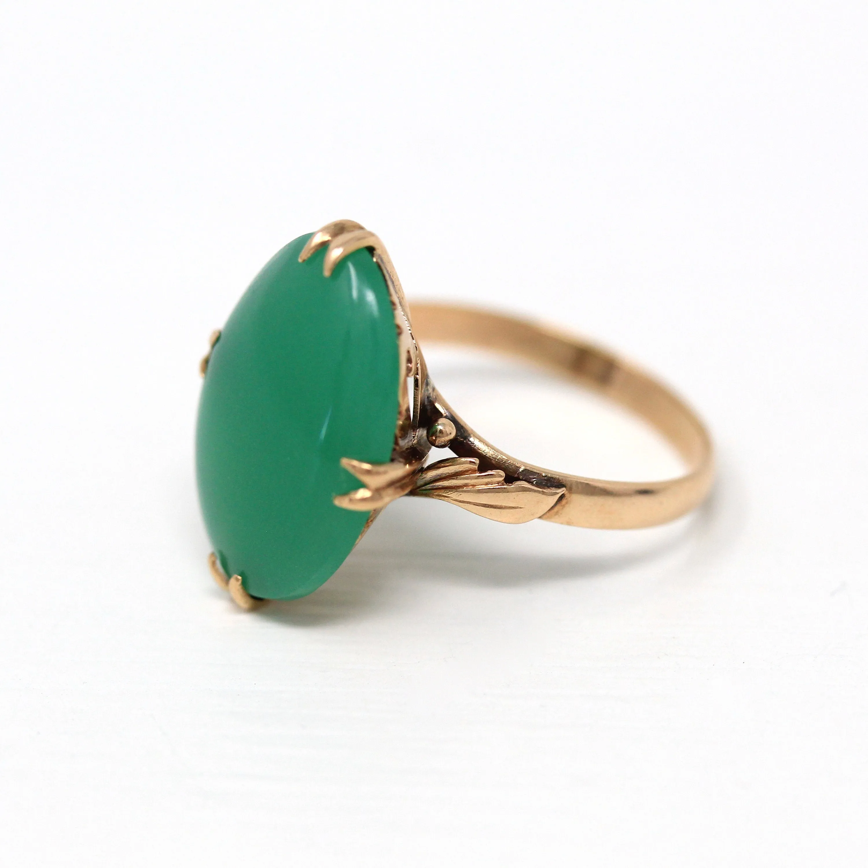 Sale - Simulated Jade Ring - Retro 18k Yellow Gold Oval Green Glass Cabochon Stone - Vintage Circa 1960s Era Size 7.5 Statement Jewelry