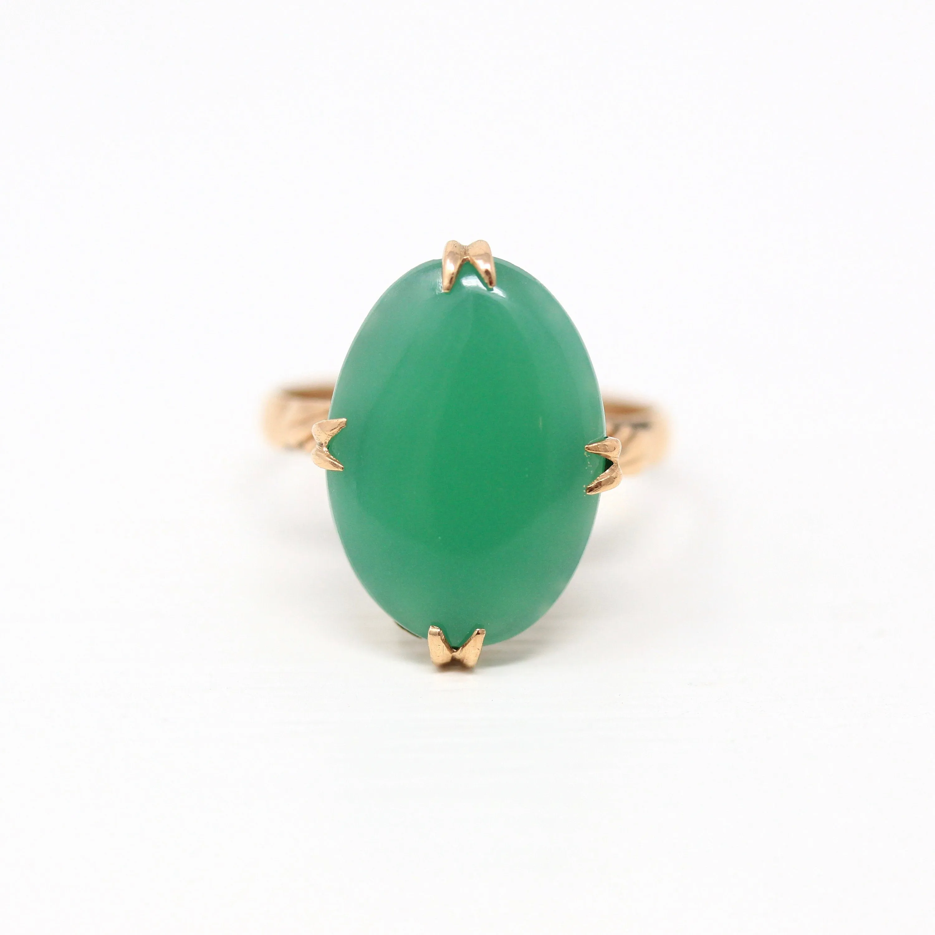Sale - Simulated Jade Ring - Retro 18k Yellow Gold Oval Green Glass Cabochon Stone - Vintage Circa 1960s Era Size 7.5 Statement Jewelry