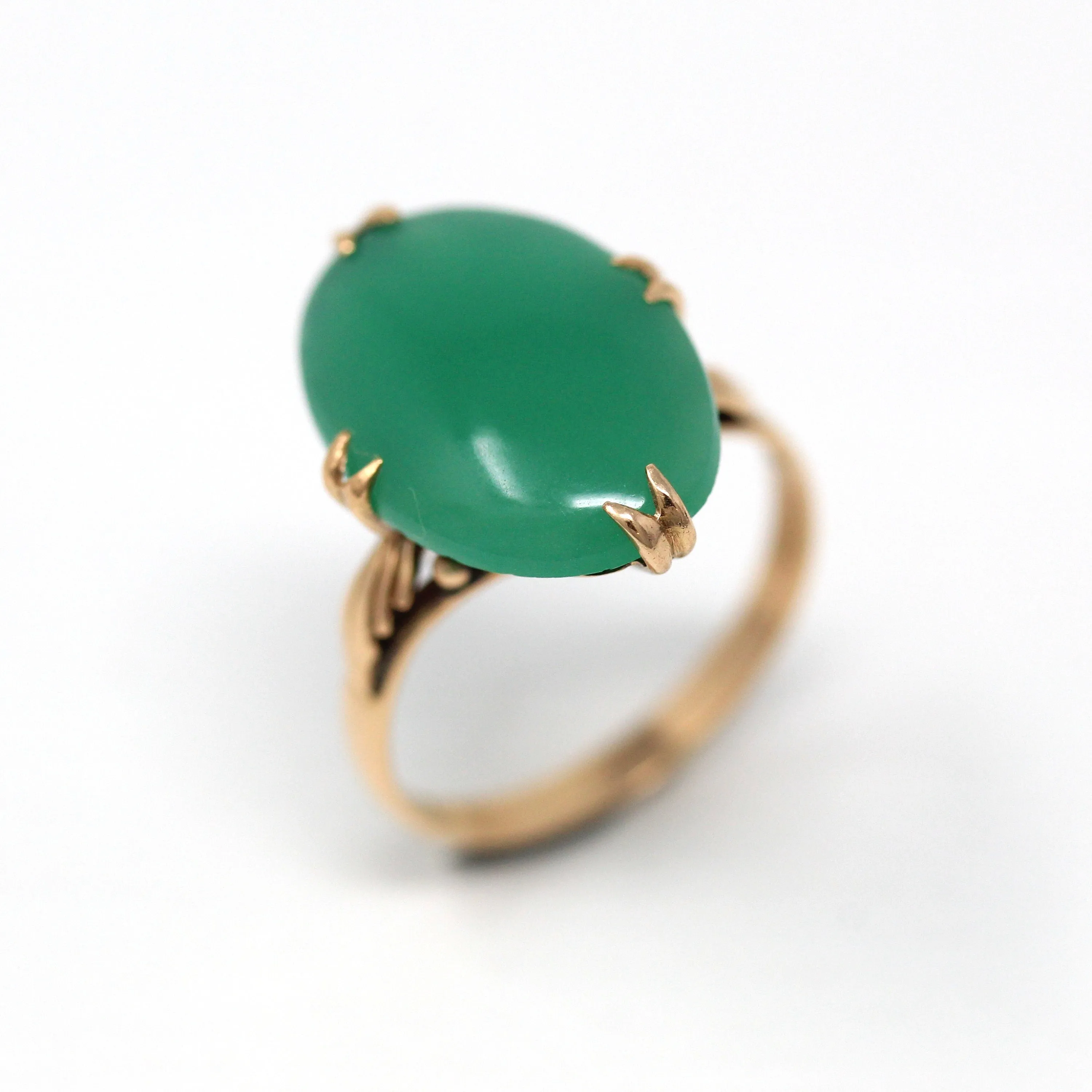 Sale - Simulated Jade Ring - Retro 18k Yellow Gold Oval Green Glass Cabochon Stone - Vintage Circa 1960s Era Size 7.5 Statement Jewelry