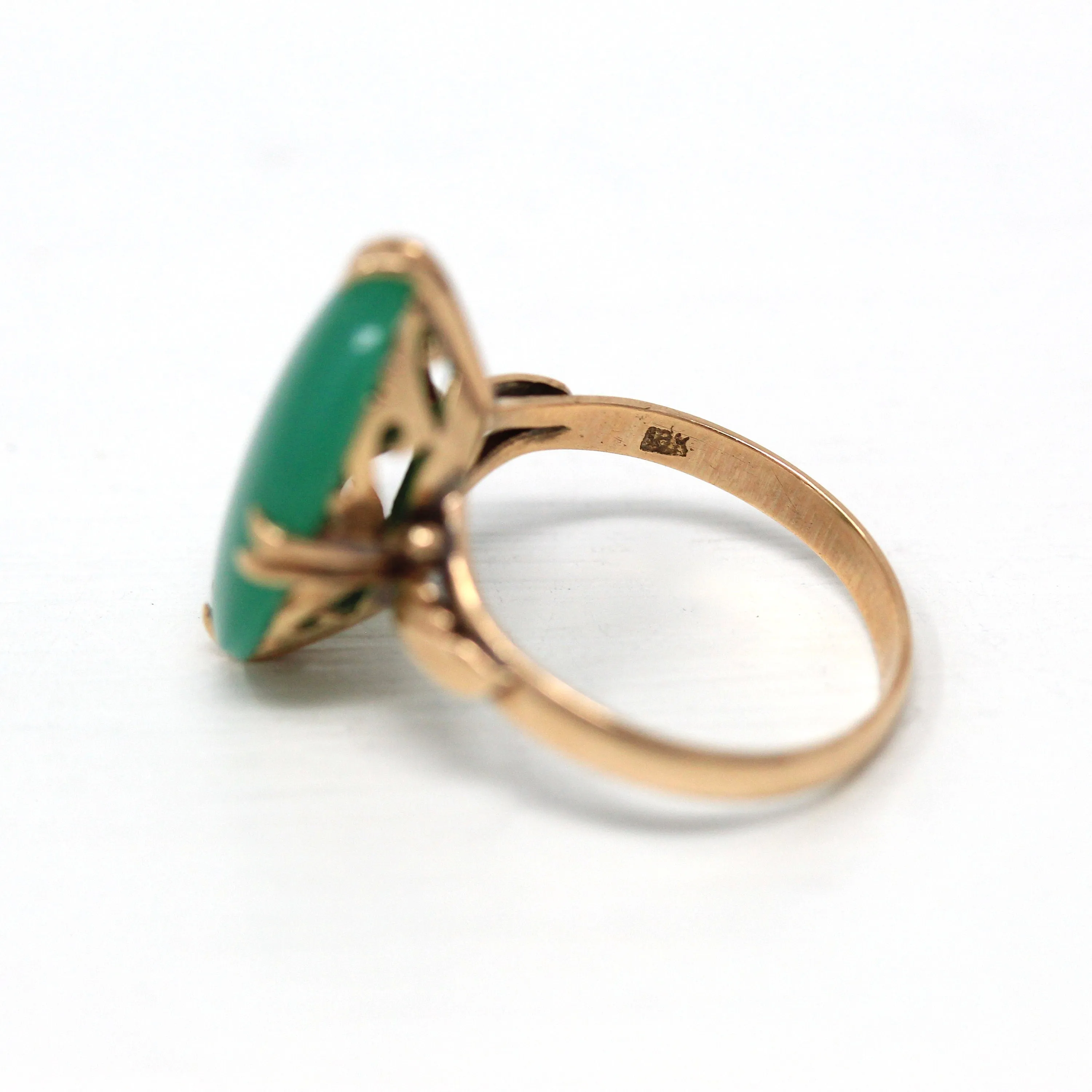 Sale - Simulated Jade Ring - Retro 18k Yellow Gold Oval Green Glass Cabochon Stone - Vintage Circa 1960s Era Size 7.5 Statement Jewelry
