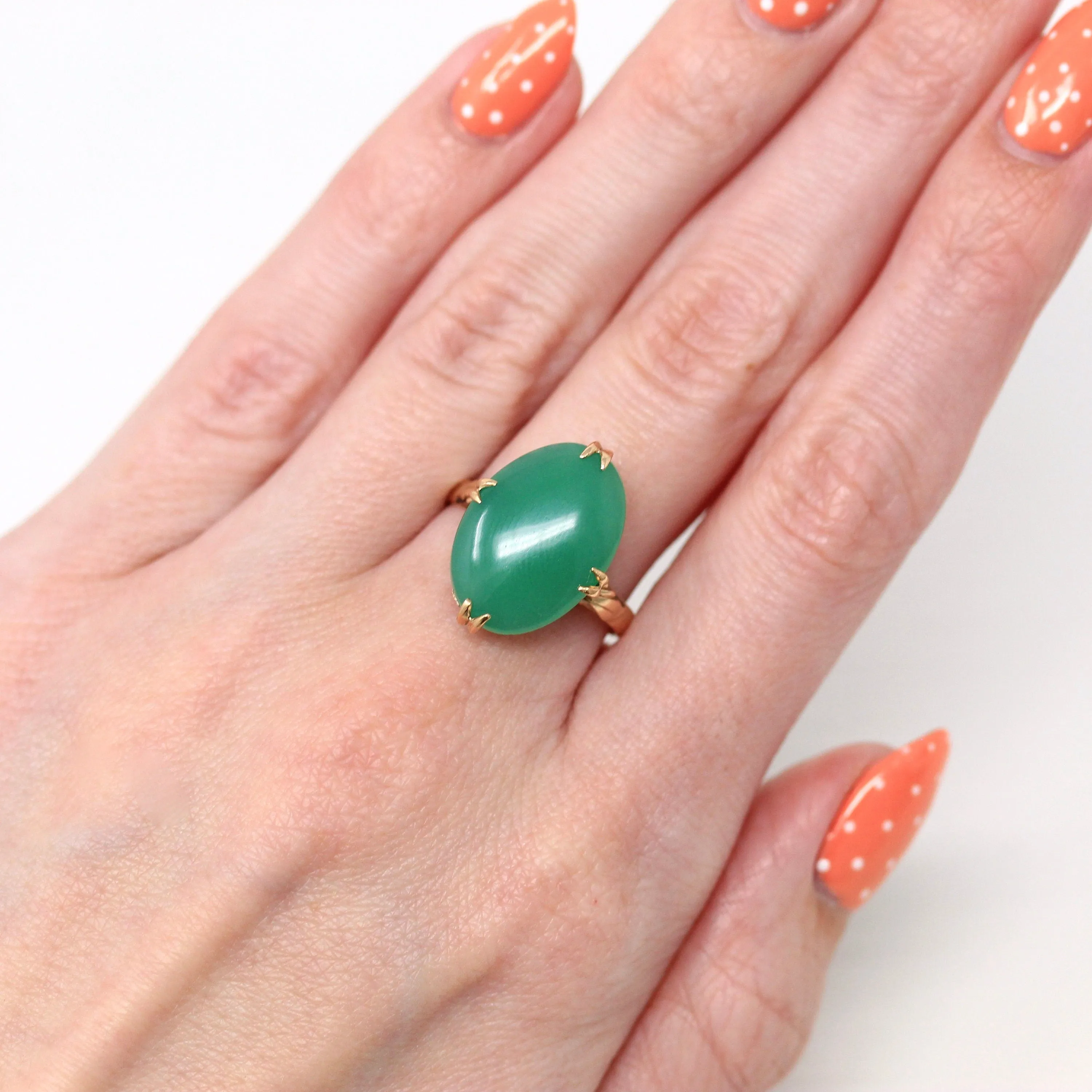 Sale - Simulated Jade Ring - Retro 18k Yellow Gold Oval Green Glass Cabochon Stone - Vintage Circa 1960s Era Size 7.5 Statement Jewelry