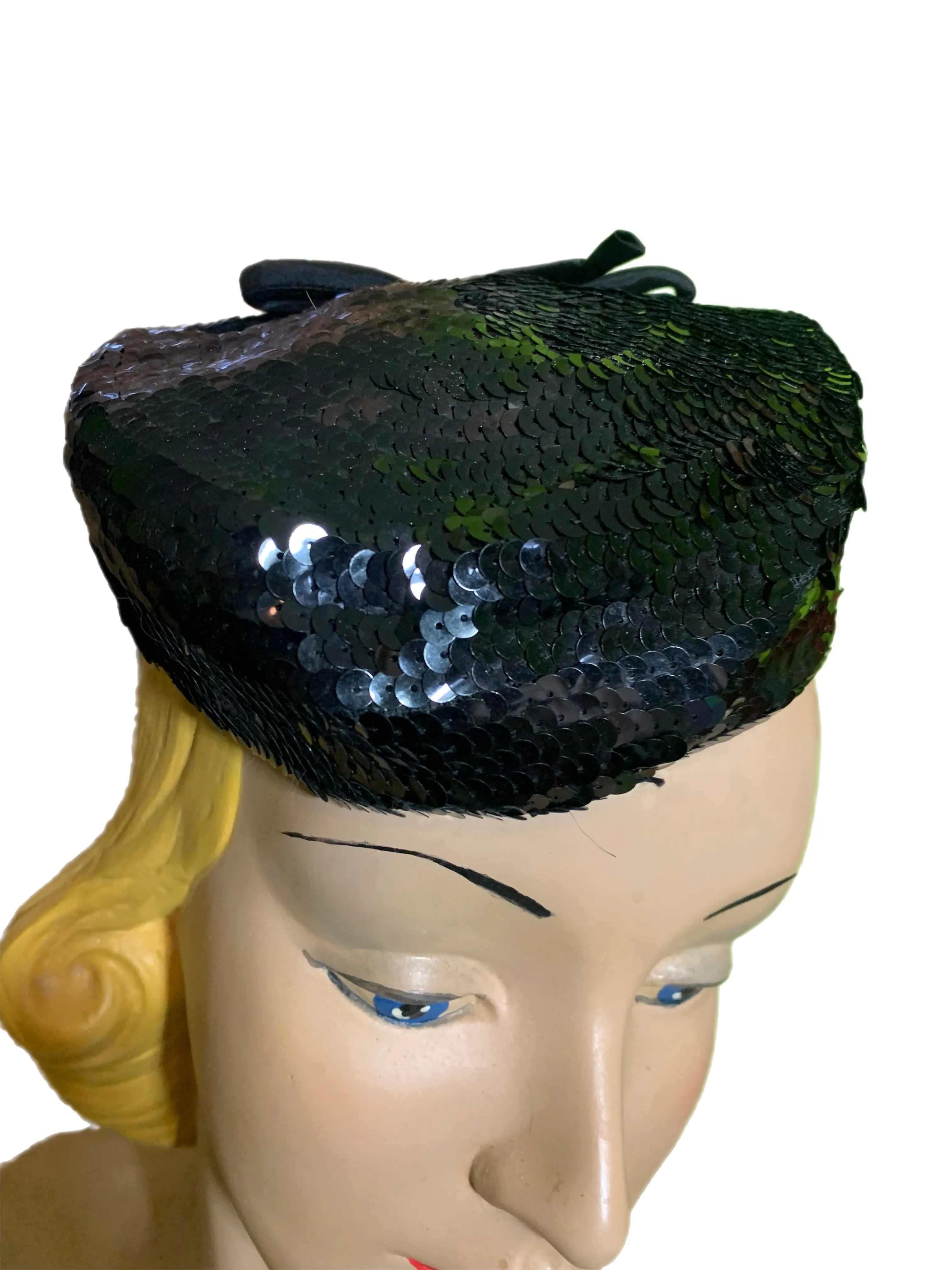 Shimmering Black Sequined Mini Cocktail Hat with Bow circa 1930s