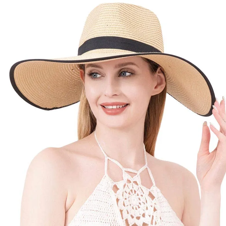 Shopping2help - Black Band Trimmed Straw Sun Hat