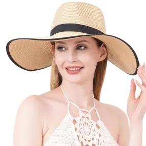 Shopping2help - Black Band Trimmed Straw Sun Hat