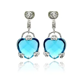 Silver 925 Rhodium Plated Blue Heart CZ Dangling Earrings - BGE00191