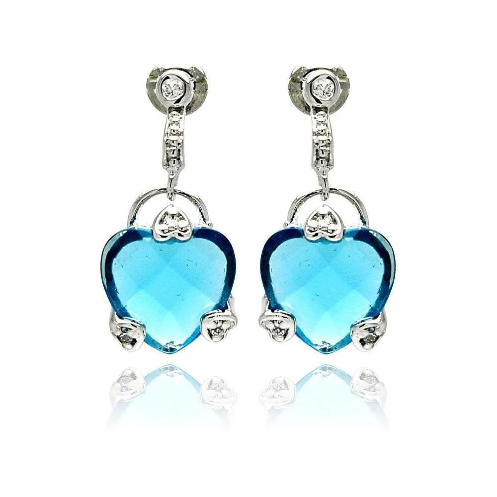 Silver 925 Rhodium Plated Blue Heart CZ Dangling Earrings - BGE00191