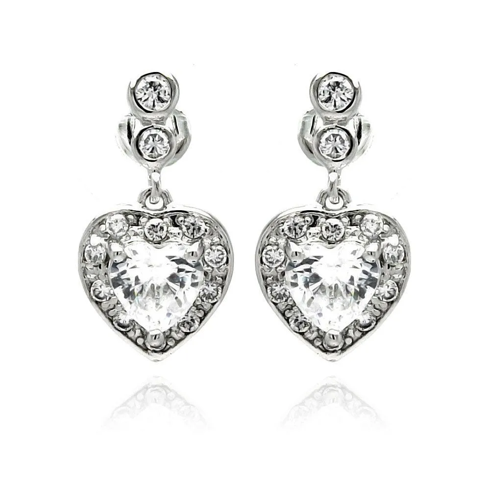 Silver 925 Rhodium Plated Heart CZ Dangling Earrings - BGE00233