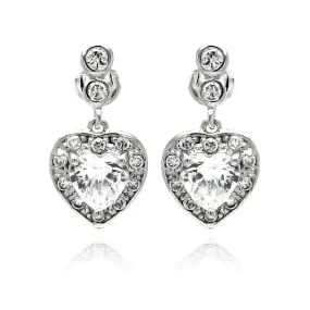 Silver 925 Rhodium Plated Heart CZ Dangling Earrings - BGE00233