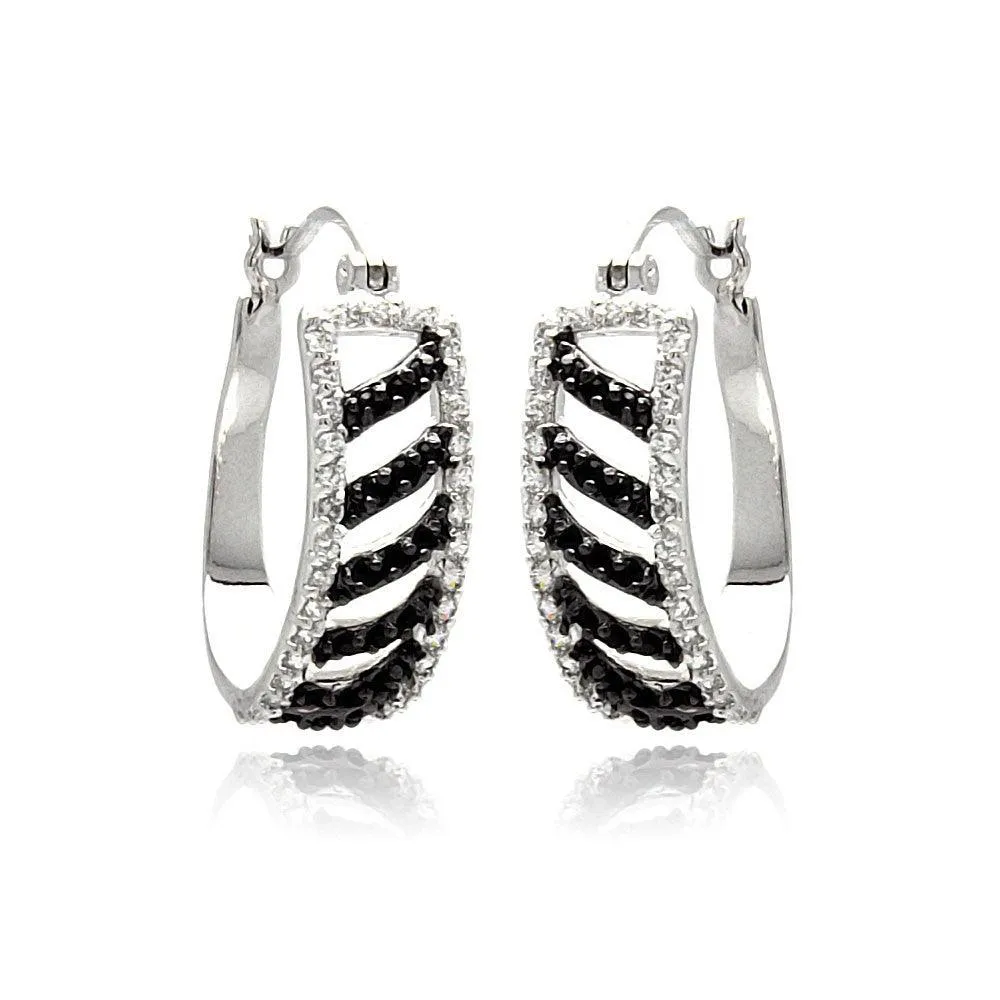 Silver 925 Rhodium Plated White Enamel Black Stripe CZ Hoop Earrings - BGE00242