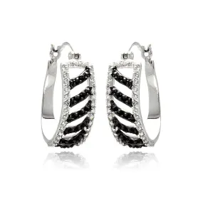 Silver 925 Rhodium Plated White Enamel Black Stripe CZ Hoop Earrings - BGE00242