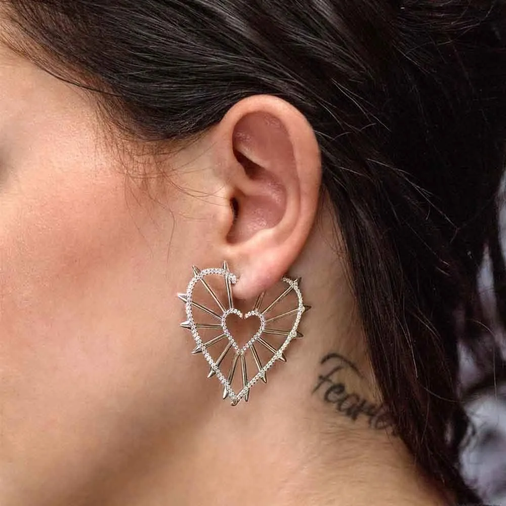 Single Geometric Heart Earring With Spikes - White Silver