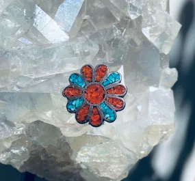 Size 6.25 Vintage Coral, Turquoise, and Sterling Silver Flower Ring
