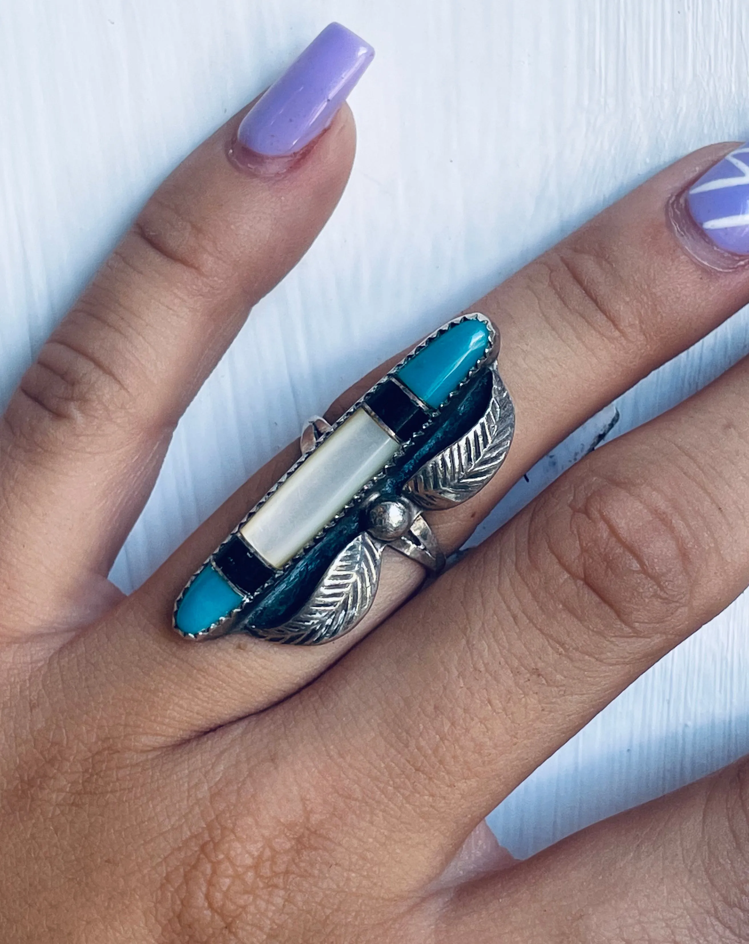 Size 7 Vintage Turquoise, MOP, Onyx and Sterling Silver Ring