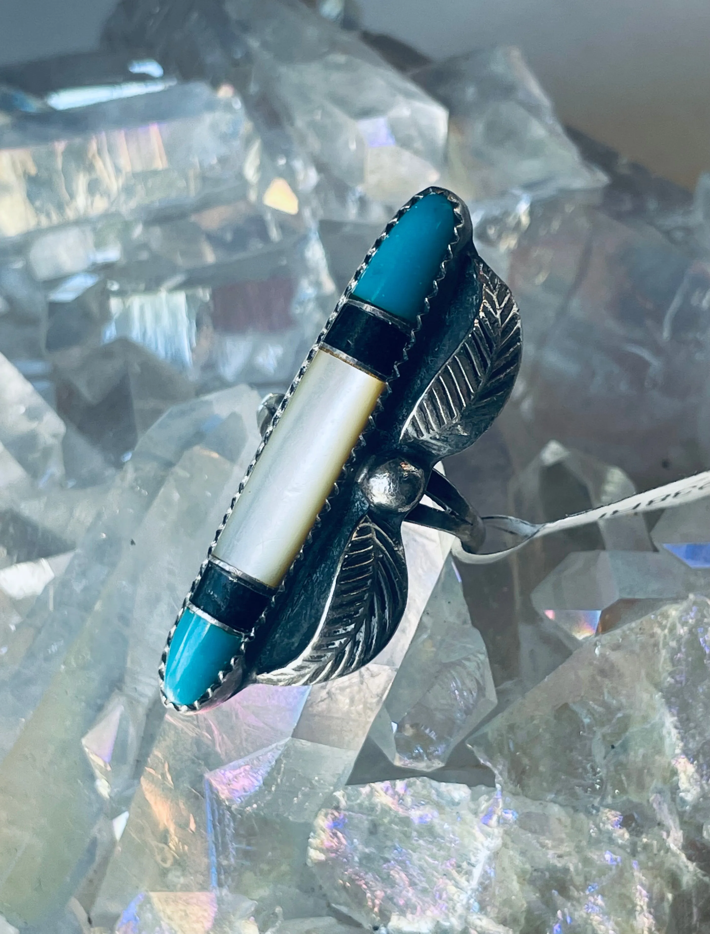 Size 7 Vintage Turquoise, MOP, Onyx and Sterling Silver Ring