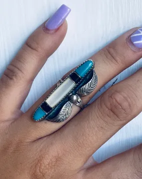 Size 7 Vintage Turquoise, MOP, Onyx and Sterling Silver Ring
