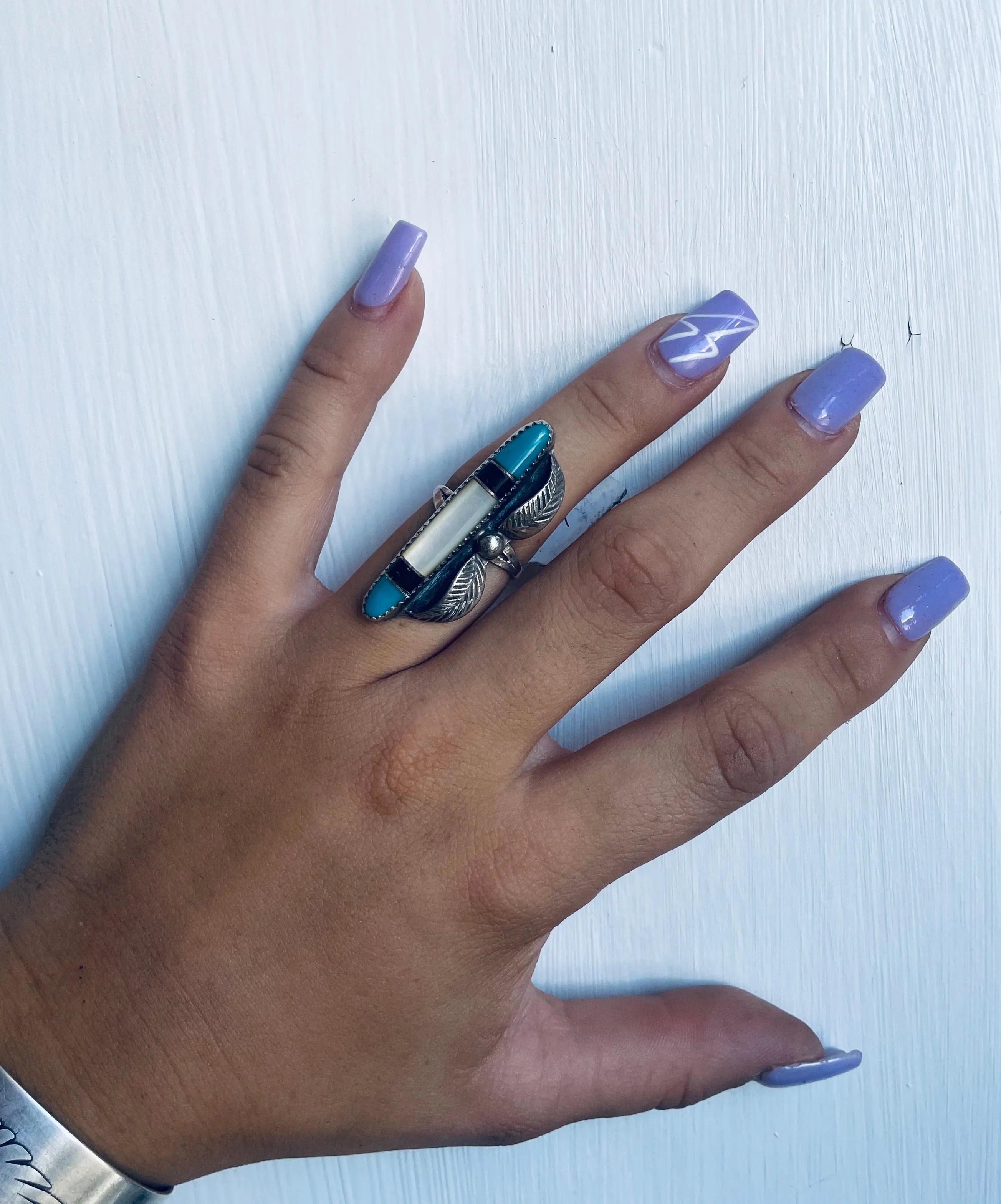 Size 7 Vintage Turquoise, MOP, Onyx and Sterling Silver Ring